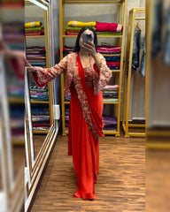 Chinon Silk Embroidery Work Saree With Blouse And Koti