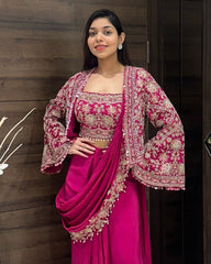 Chinon Silk Embroidery Work Saree With Blouse And Koti