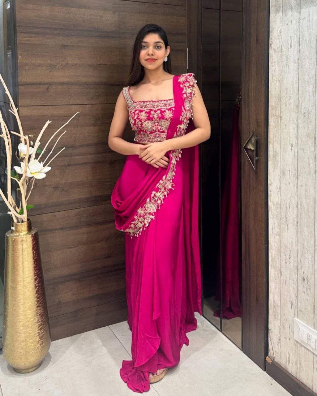 Chinon Silk Embroidery Work Saree With Blouse And Koti