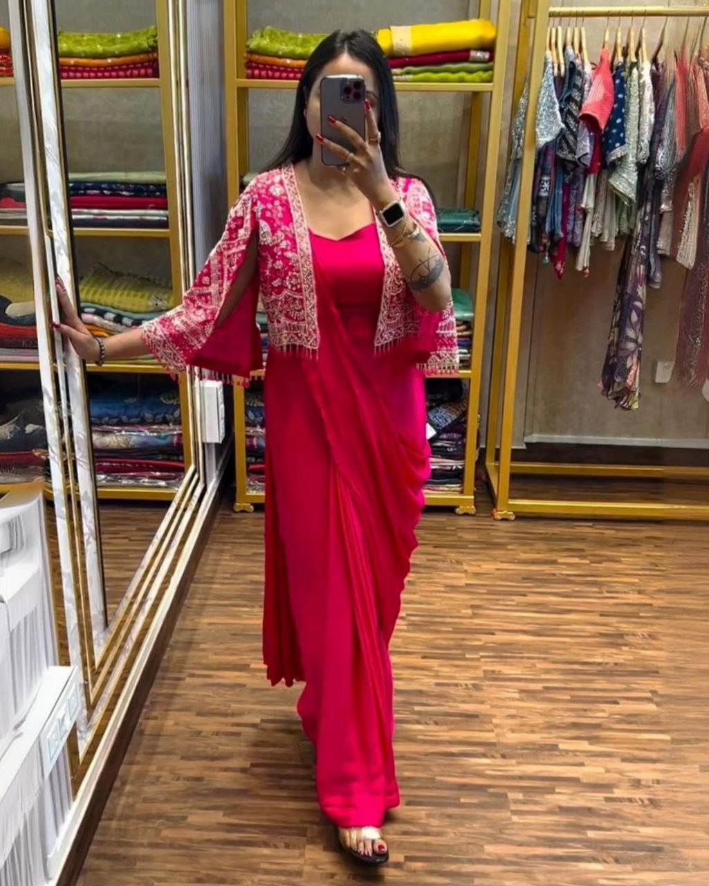 Purple & Pink Chinon Silk Thread Work Saree With Blouse And Koti