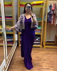 Purple & Pink Chinon Silk Thread Work Saree With Blouse And Koti