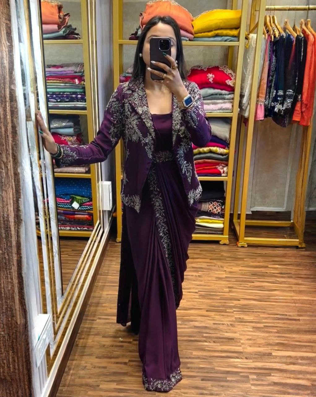 Purple & Black Chinon Silk Embroidery Work Saree With Blouse And Koti