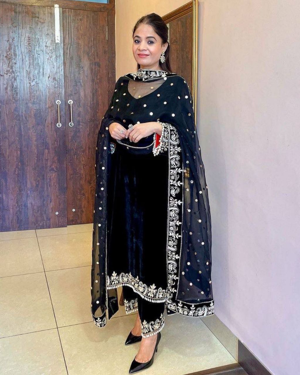 Exclusive Black Velvet Sequence Work Pant Suit With Dupatta