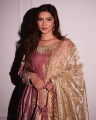 Pastel Pink & Green Tissue Sequence Work Anarkali Suit With Dupatta