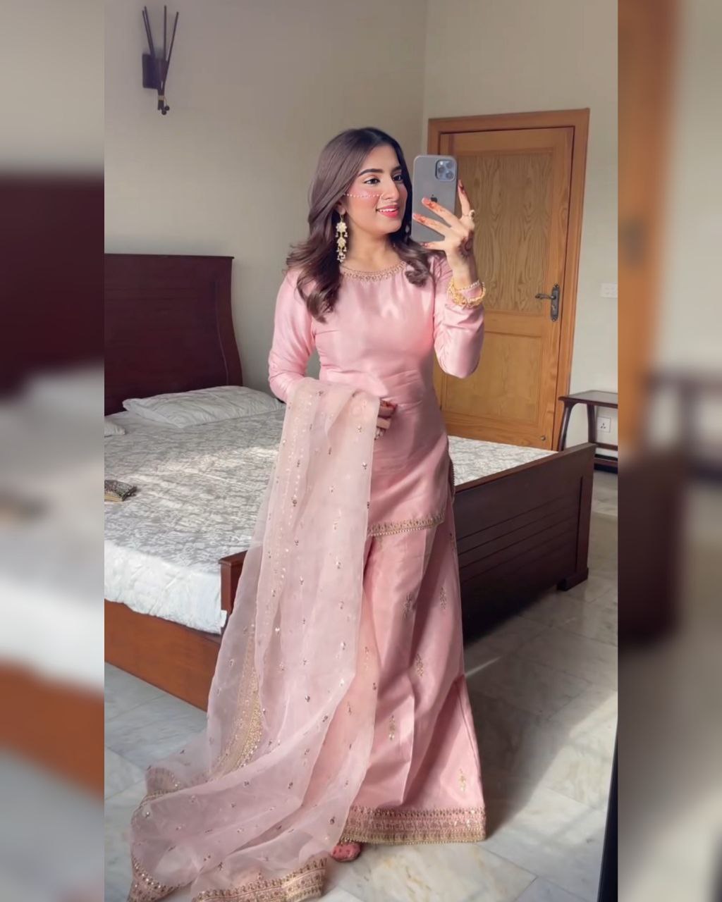 Powder Pink Silk Sequence Work Sharara Suit With Dupatta