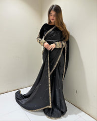 Exclusive Black Velvet Sequence Work Saree With Blouse