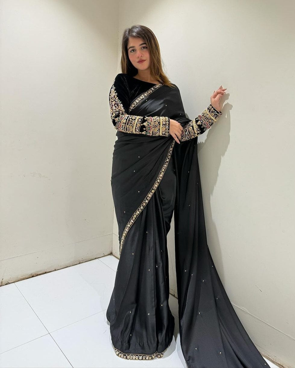 Exclusive Black Velvet Sequence Work Saree With Blouse