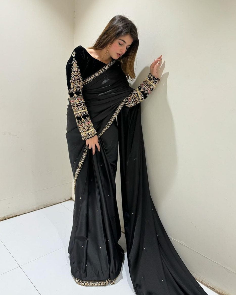 Exclusive Black Velvet Sequence Work Saree With Blouse
