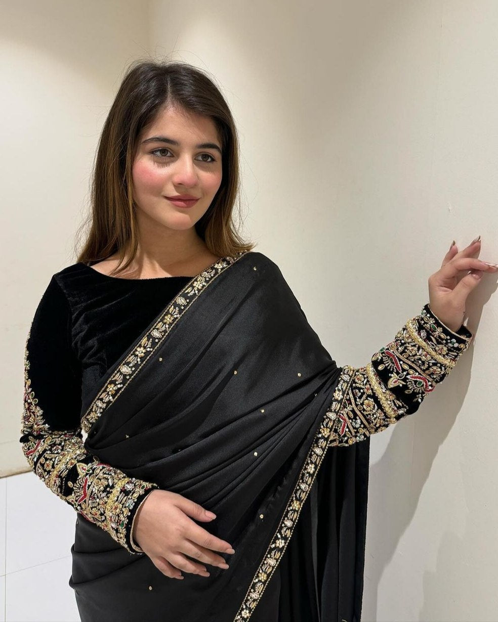 Exclusive Black Velvet Sequence Work Saree With Blouse