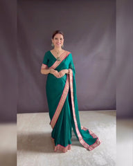 Ready To Wear Dark Cyan Silk Lace Work Saree With Blouse