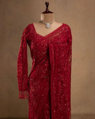 Ready To Wear Red Soft Georgette Sequence Work Saree With Blouse