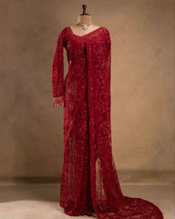 Ready To Wear Red Soft Georgette Sequence Work Saree With Blouse