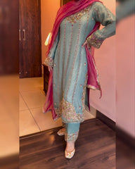 Powder Blue Silk Sequence Work Pant Suit With Pink Dupatta