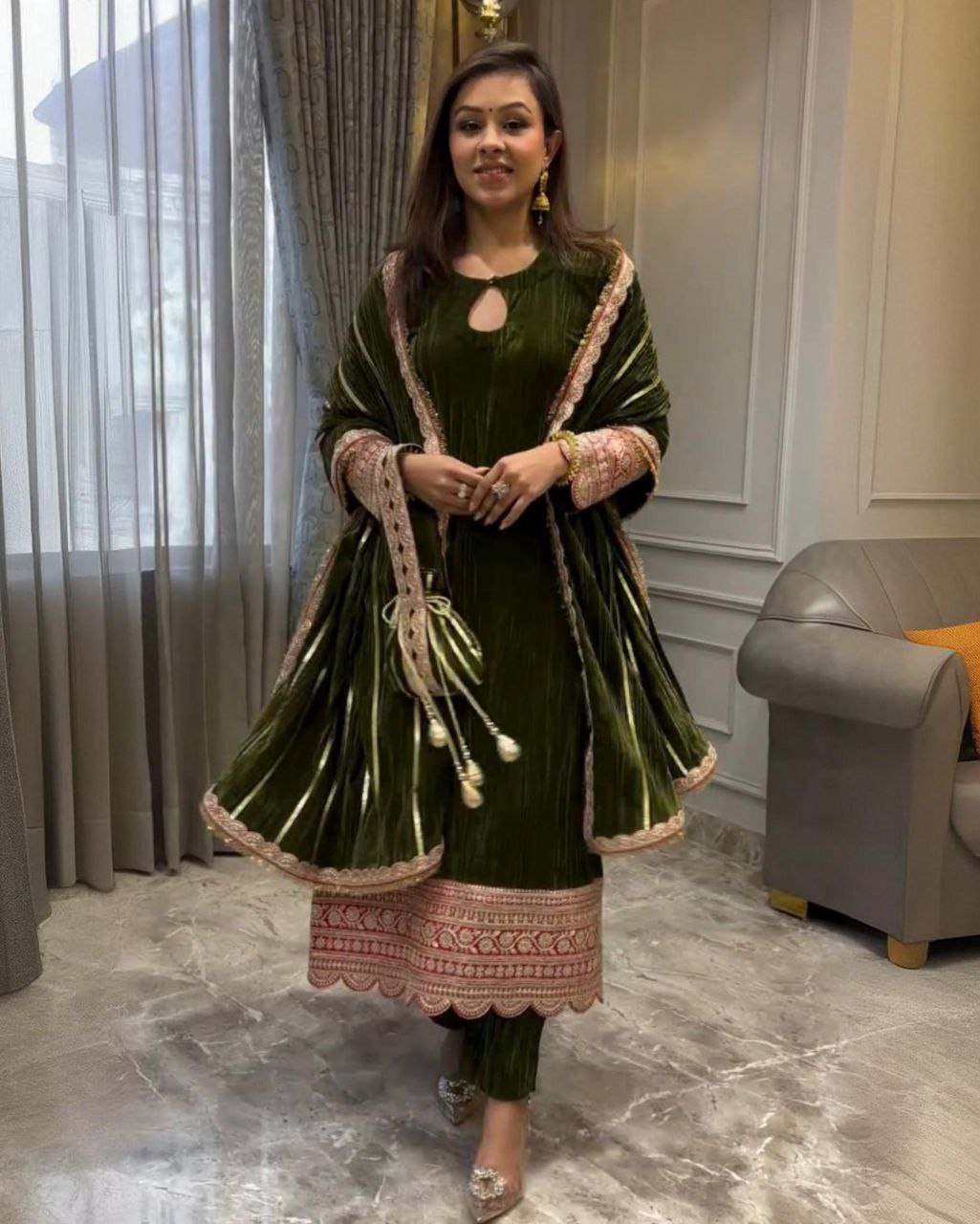 Exclusive Wine & Green Velvet Sequence Work Pant Suit With Dupatta