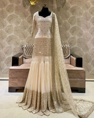 Cream Satin Silk Sequence Work Gharara Suit With Dupatta