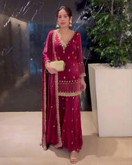Ready To Wear Magenta Pink Jimmy Silk Sequence Work Sharara Suit With Dupatta