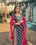Blue Soft Georgette Embroidery Work Pant Suit With Pink Dupatta
