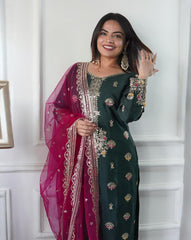 Green Silk Embroidery Work Pant Suit With Rani Dupatta