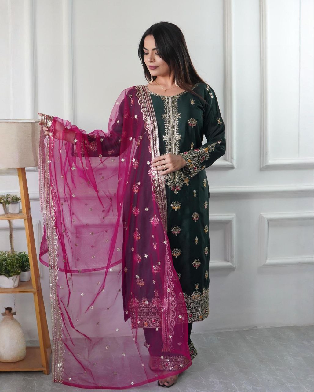 Green Silk Embroidery Work Pant Suit With Rani Dupatta