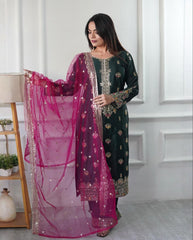 Green Silk Embroidery Work Pant Suit With Rani Dupatta
