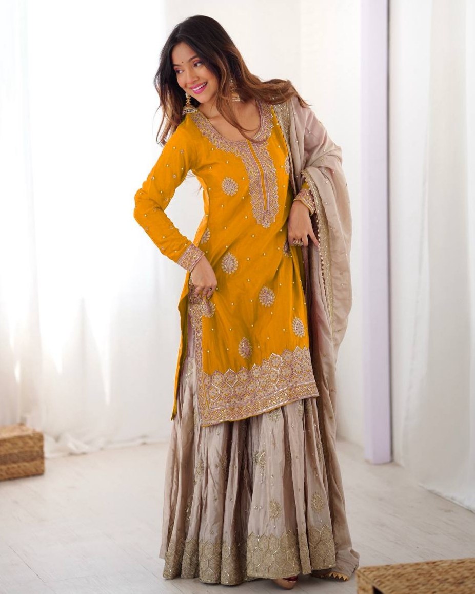 Premium Handcrafted Soft Chinon Silk Coding Embroidery Thread Sharara Suit With Dupatta