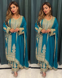 Sky Chinon Silk Embroidery Work Pakistani Suit With Dupatta