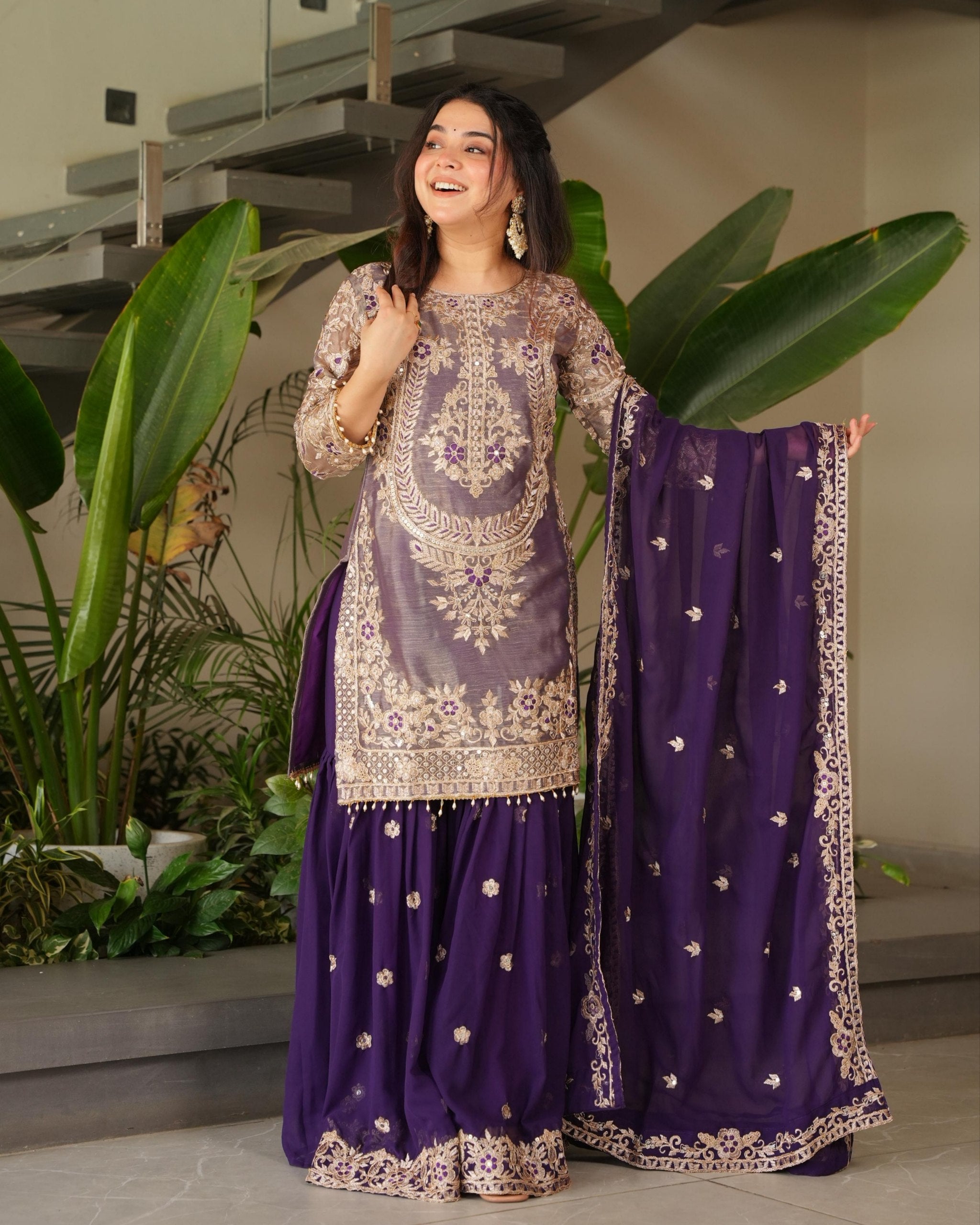 Ready To Wear Red & Purple Soft Georgette Sequence Work Sharara Suit With Dupatta