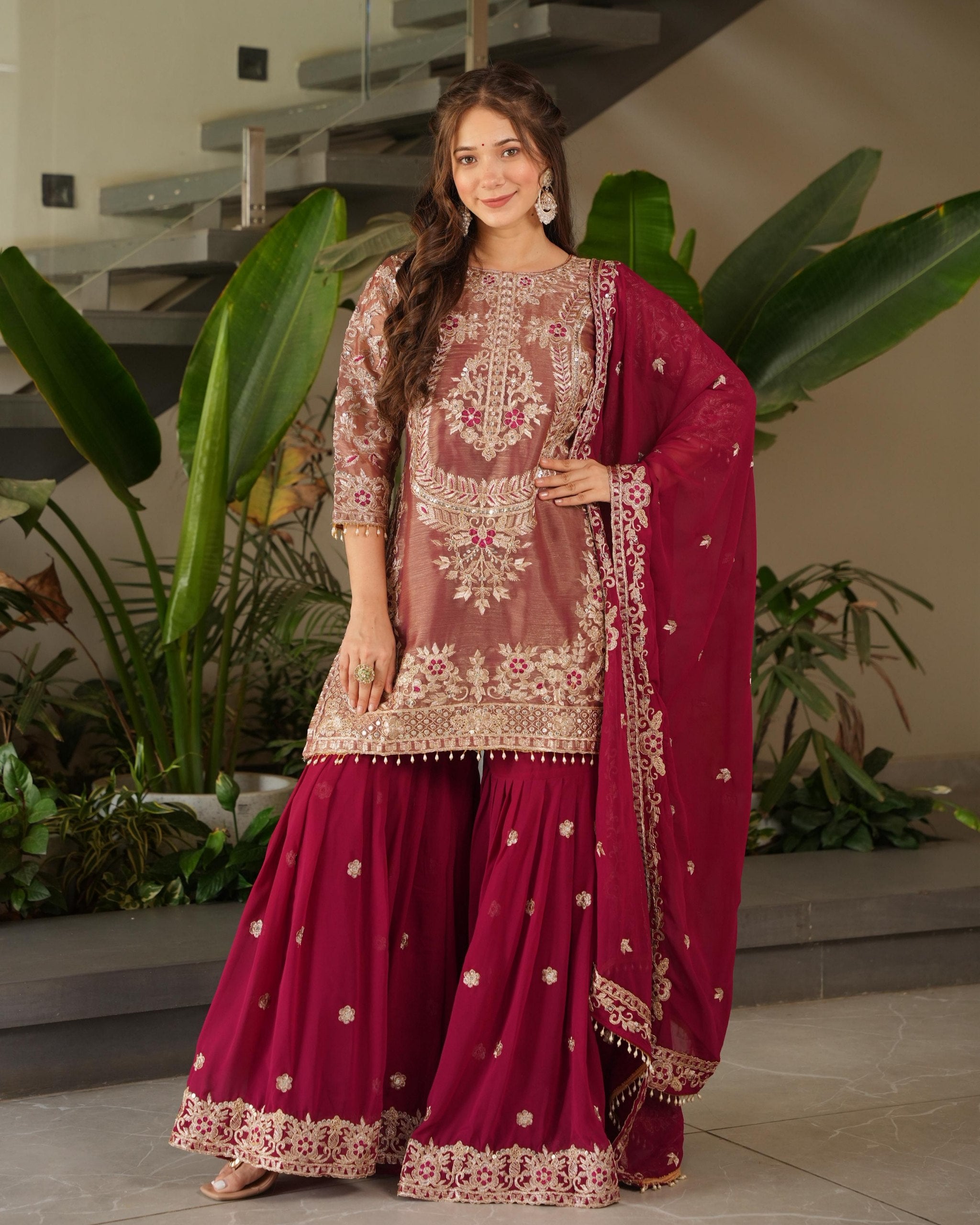 Ready To Wear Red & Purple Soft Georgette Sequence Work Sharara Suit With Dupatta