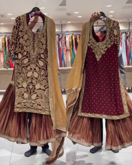 Maroon Soft Georgette Embroidery Work Gharara Suit With Dupatta