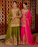 Pink & Green Chinon Silk Thread Work Sharara Suit With Dupatta