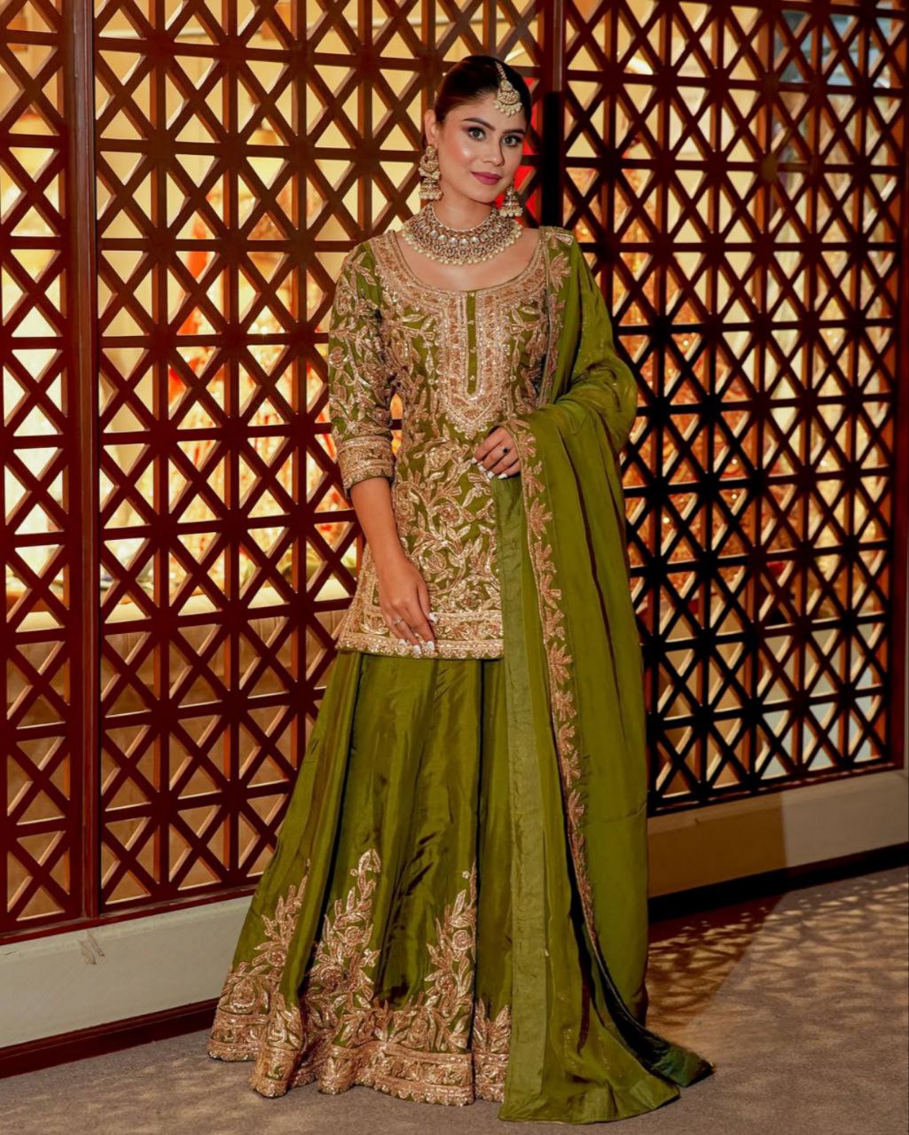 Pink & Green Chinon Silk Thread Work Sharara Suit With Dupatta