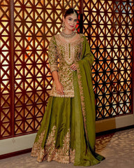 Pink & Green Chinon Silk Thread Work Sharara Suit With Dupatta