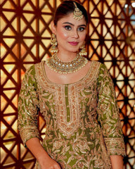 Pink & Green Chinon Silk Thread Work Sharara Suit With Dupatta