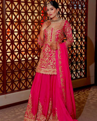 Pink & Green Chinon Silk Thread Work Sharara Suit With Dupatta