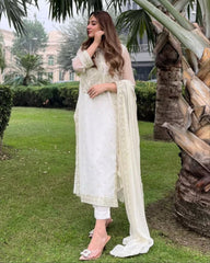 Designer White Soft Georgette Embroidery Work Pant Suit With Dupatta