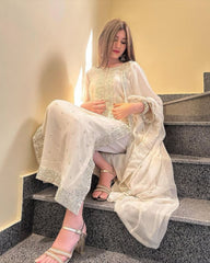 Designer White Soft Georgette Embroidery Work Pant Suit With Dupatta