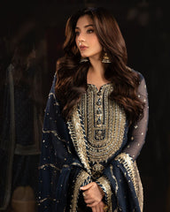 Designer Neavy Blue Soft Georgette Embroidery Work Palazo Suit With Dupatta