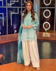 Designer Sky & Cream Soft Georgette Embroidery Work Farshi Suit With Dupatta