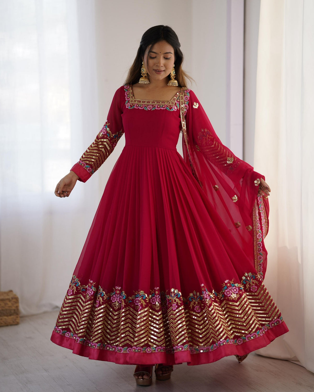 Exclusive Gajri Red Soft Georgette Sequence Work Anarkali Suit With Dupatta