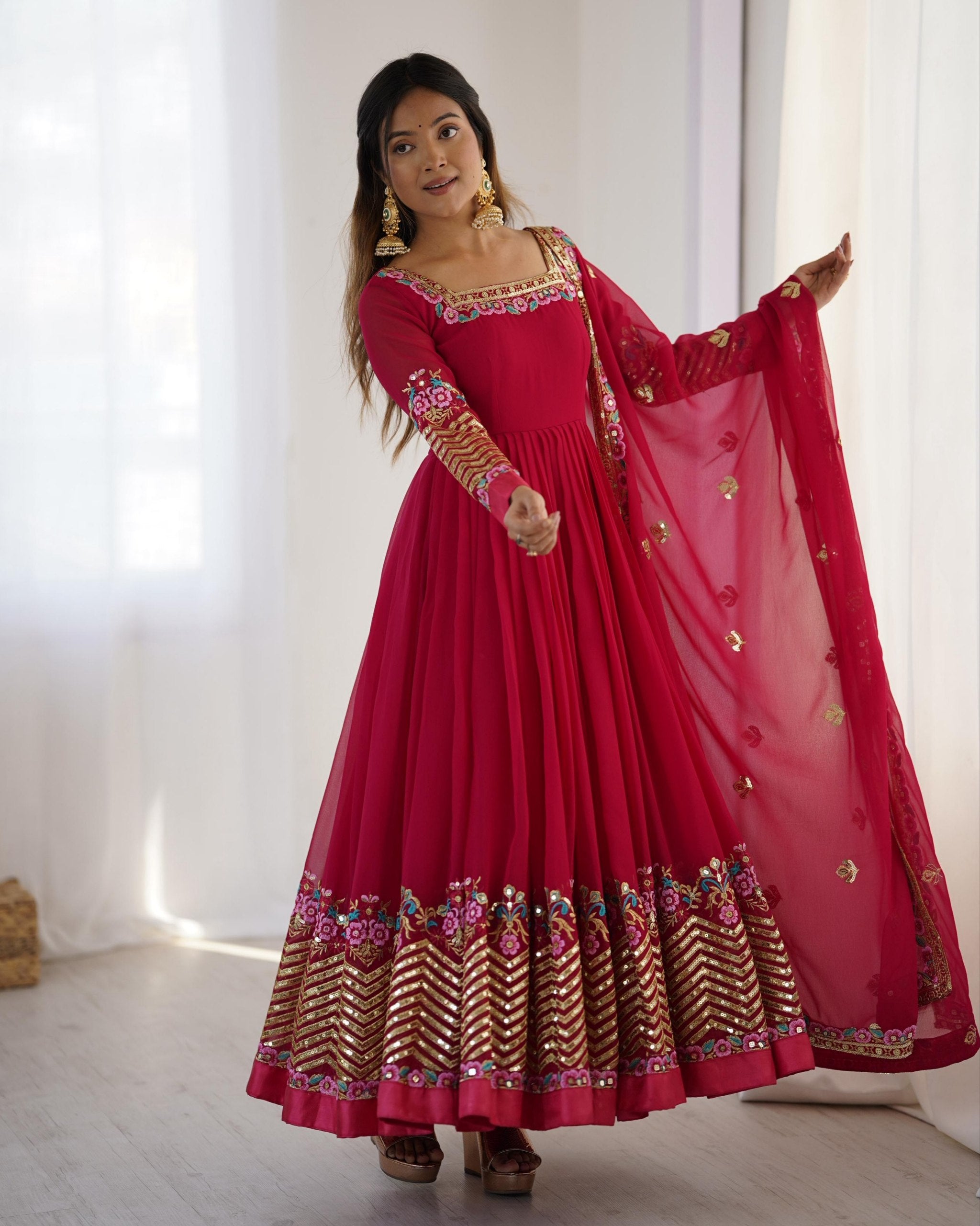 Exclusive Gajri Red Soft Georgette Sequence Work Anarkali Suit With Dupatta