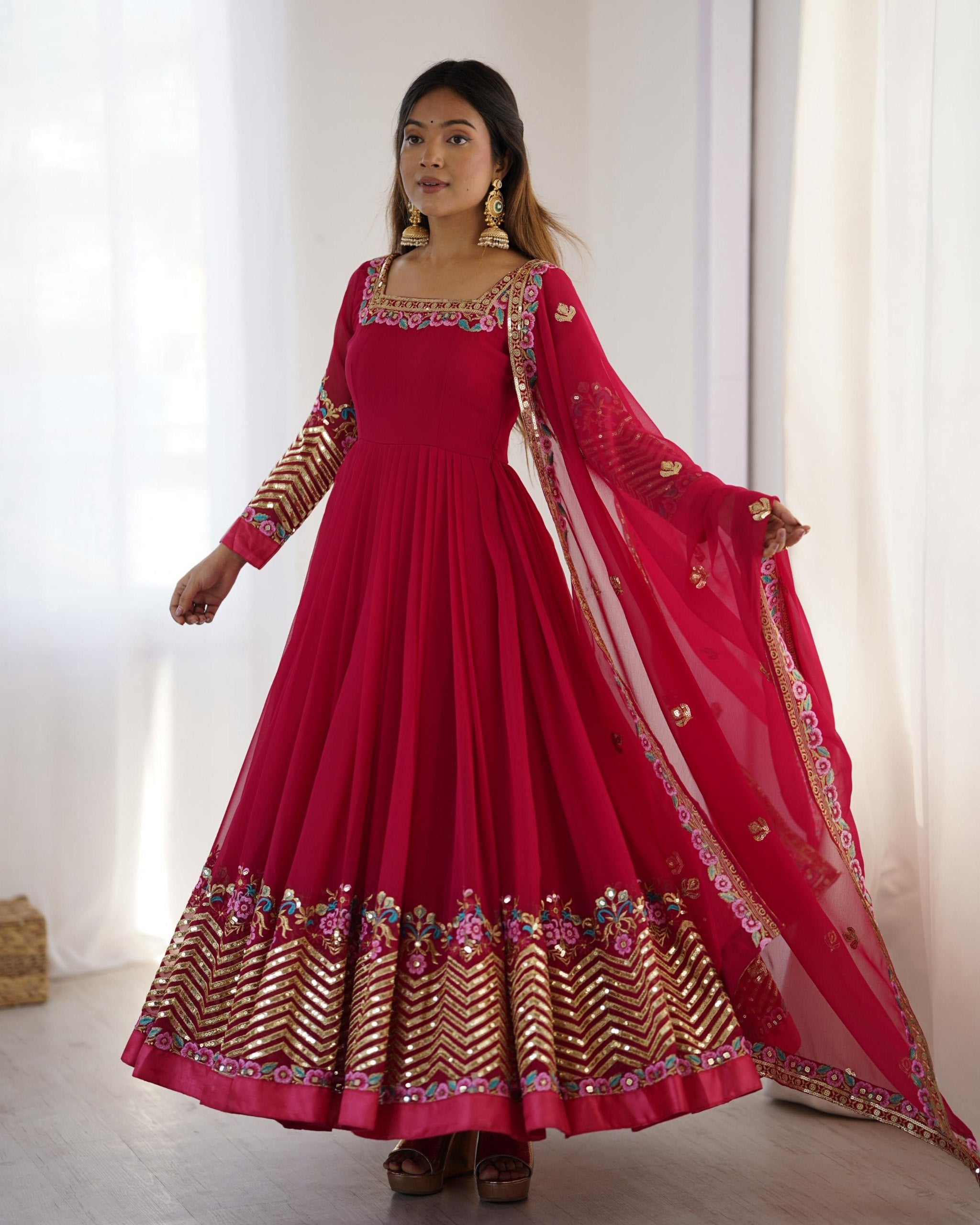 Exclusive Gajri Red Soft Georgette Sequence Work Anarkali Suit With Dupatta
