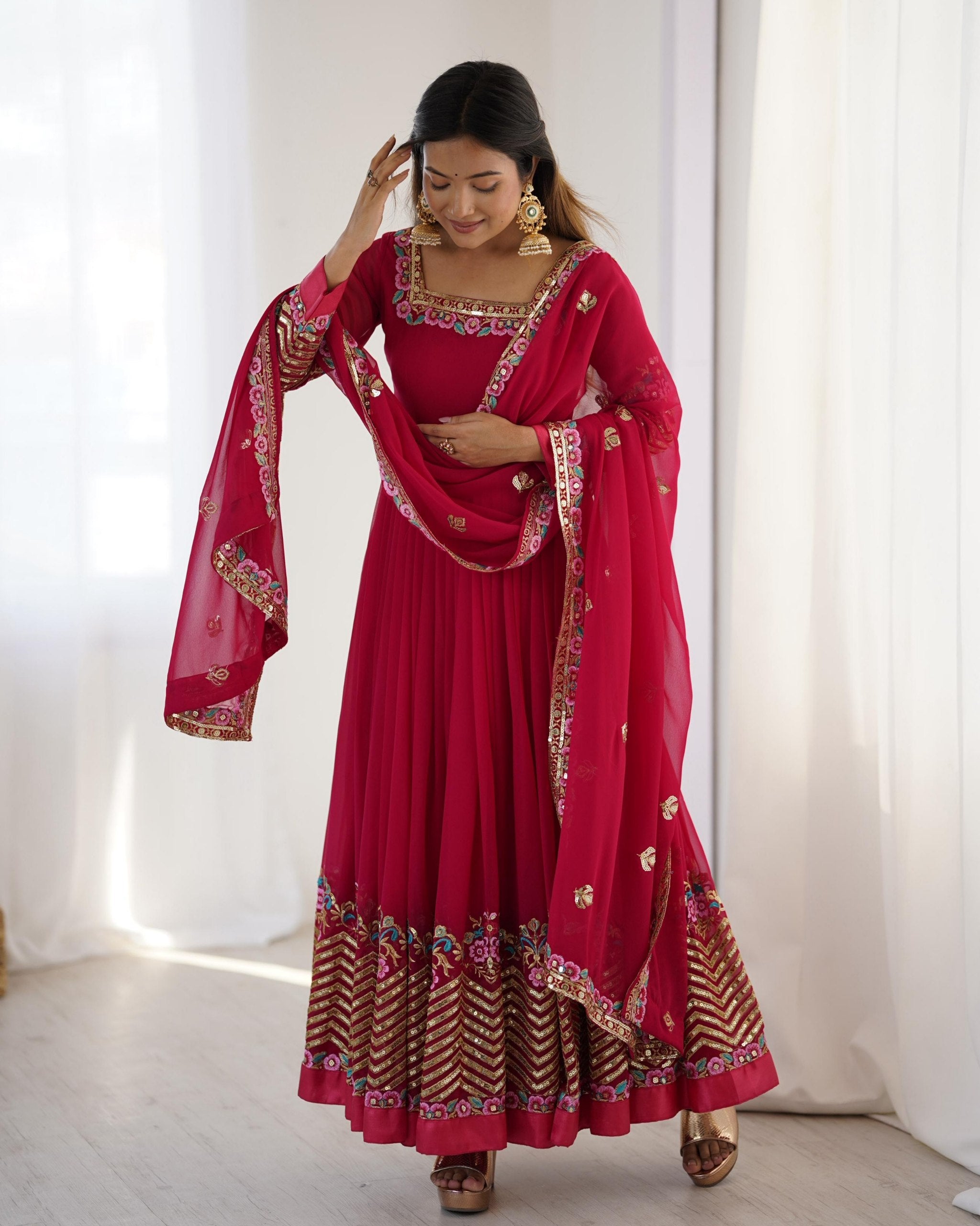 Exclusive Gajri Red Soft Georgette Sequence Work Anarkali Suit With Dupatta