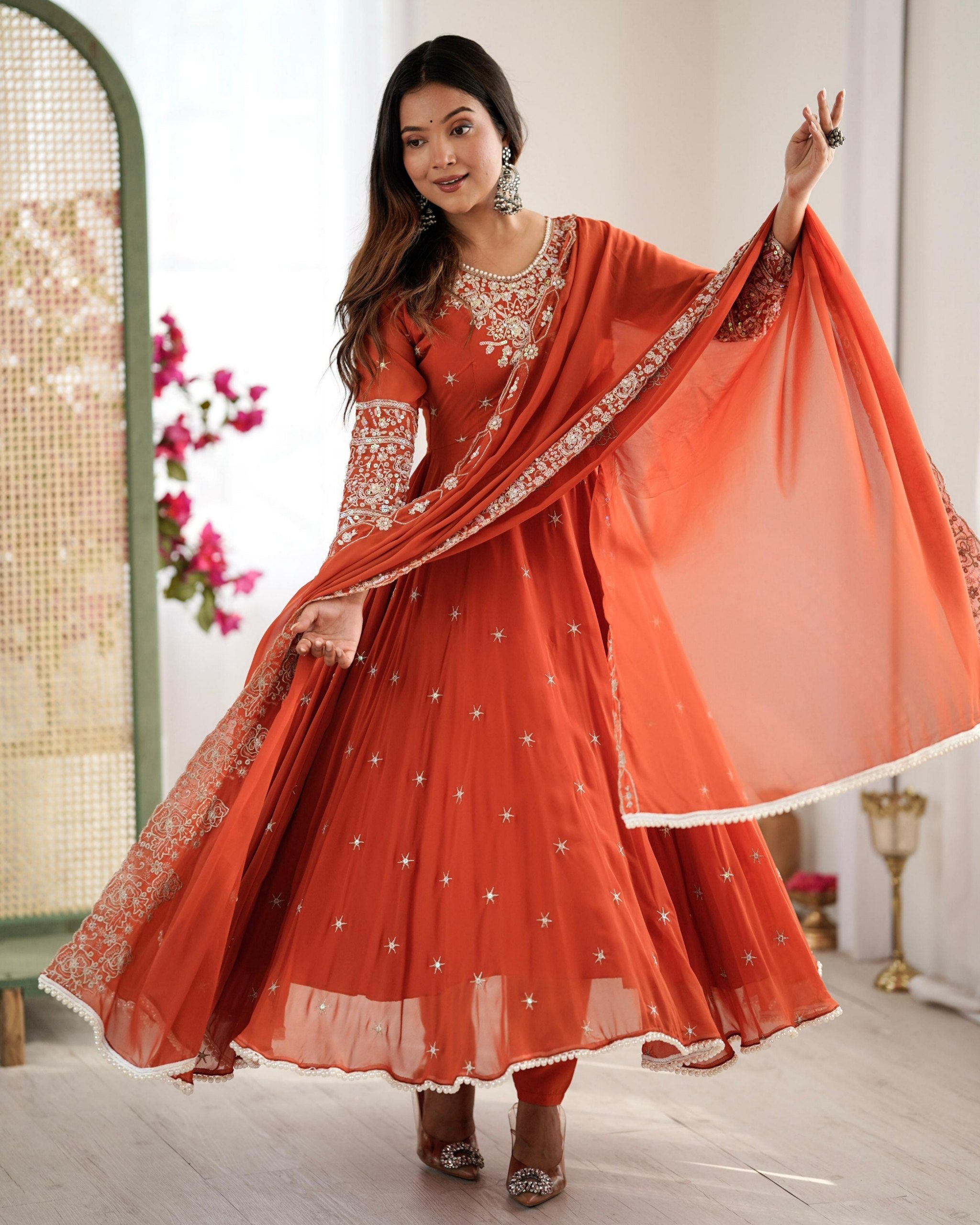 Exclusive Orange Georgette Sequence Work Anarkali Suit With Dupatta
