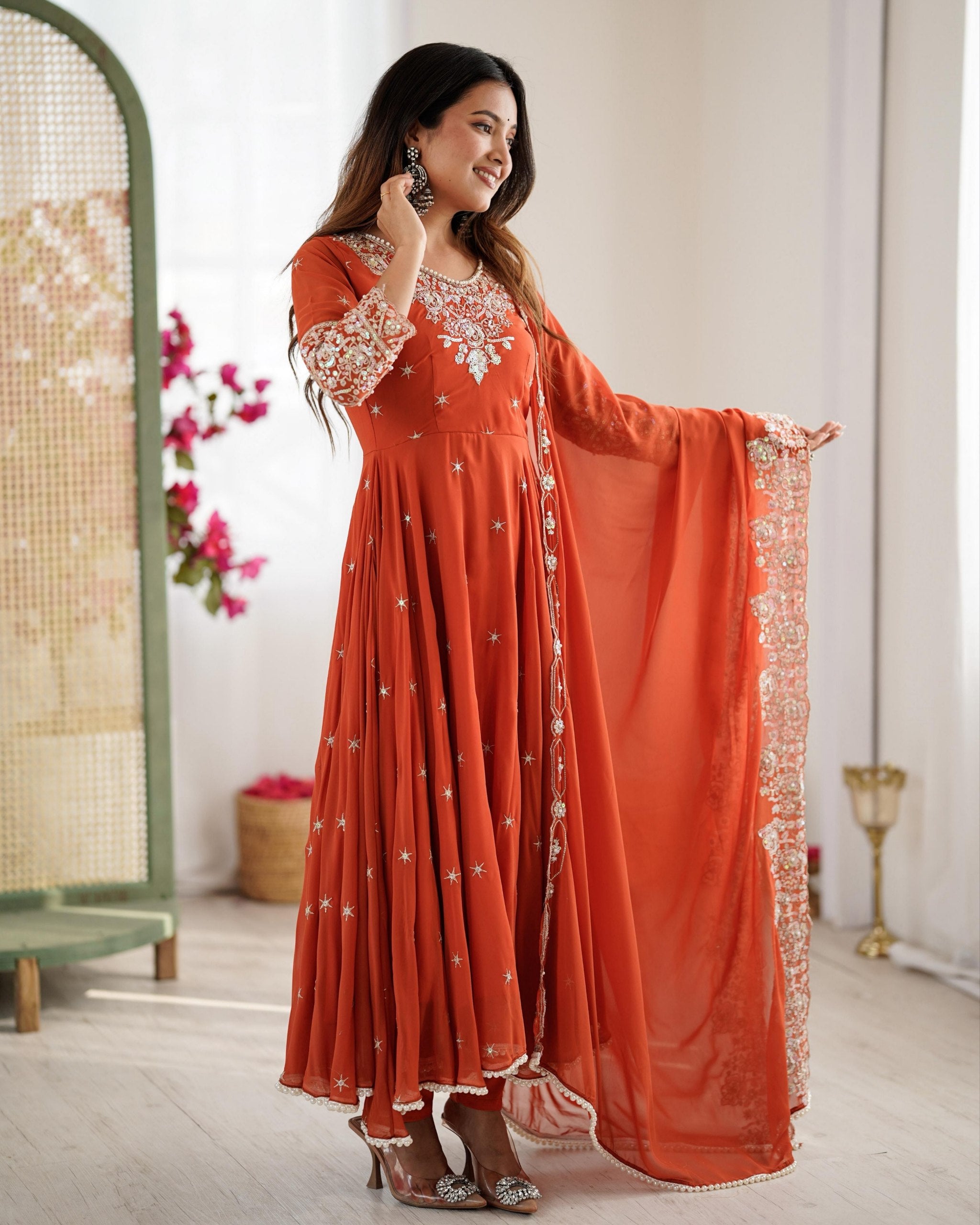 Exclusive Orange Georgette Sequence Work Anarkali Suit With Dupatta