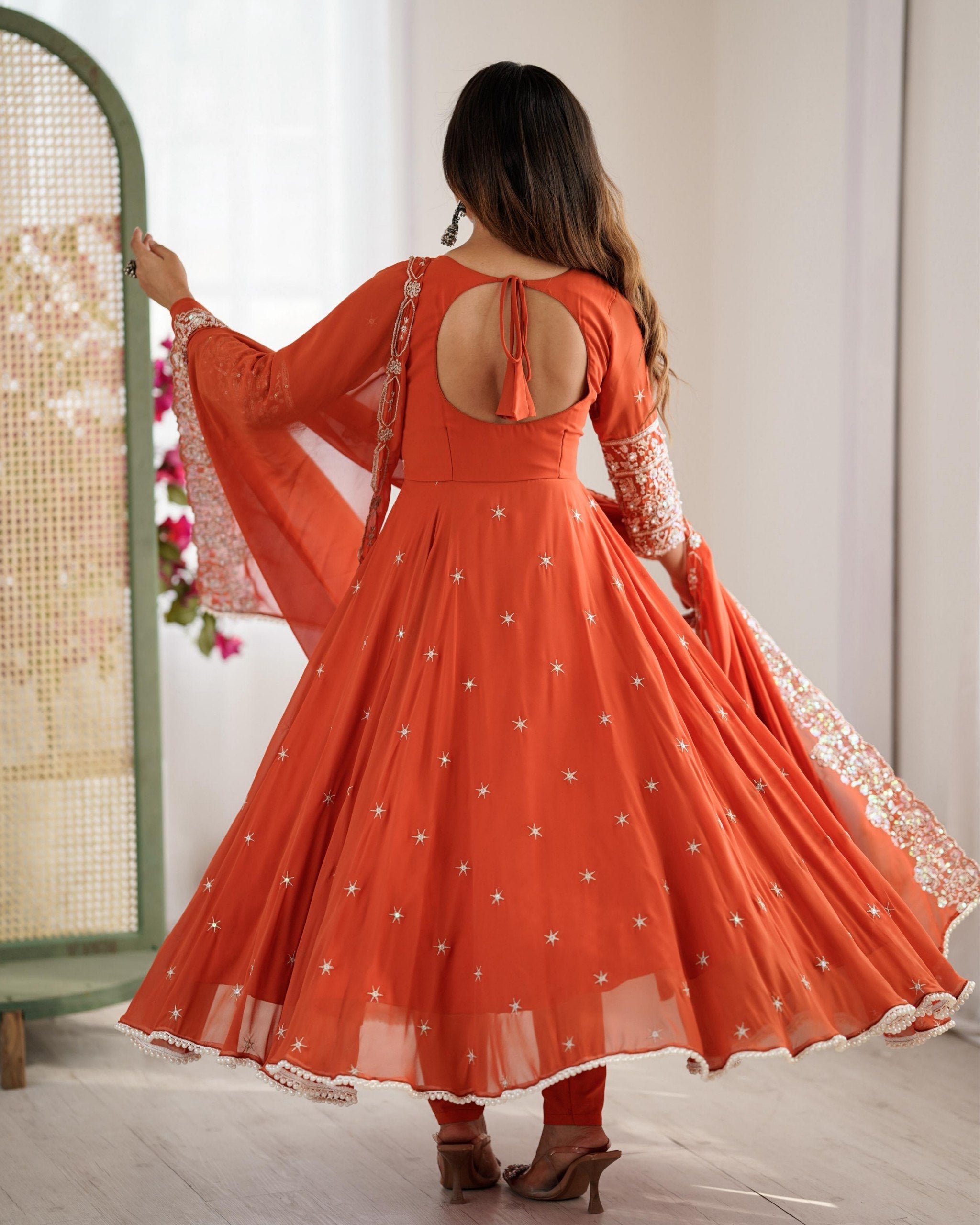 Exclusive Orange Georgette Sequence Work Anarkali Suit With Dupatta