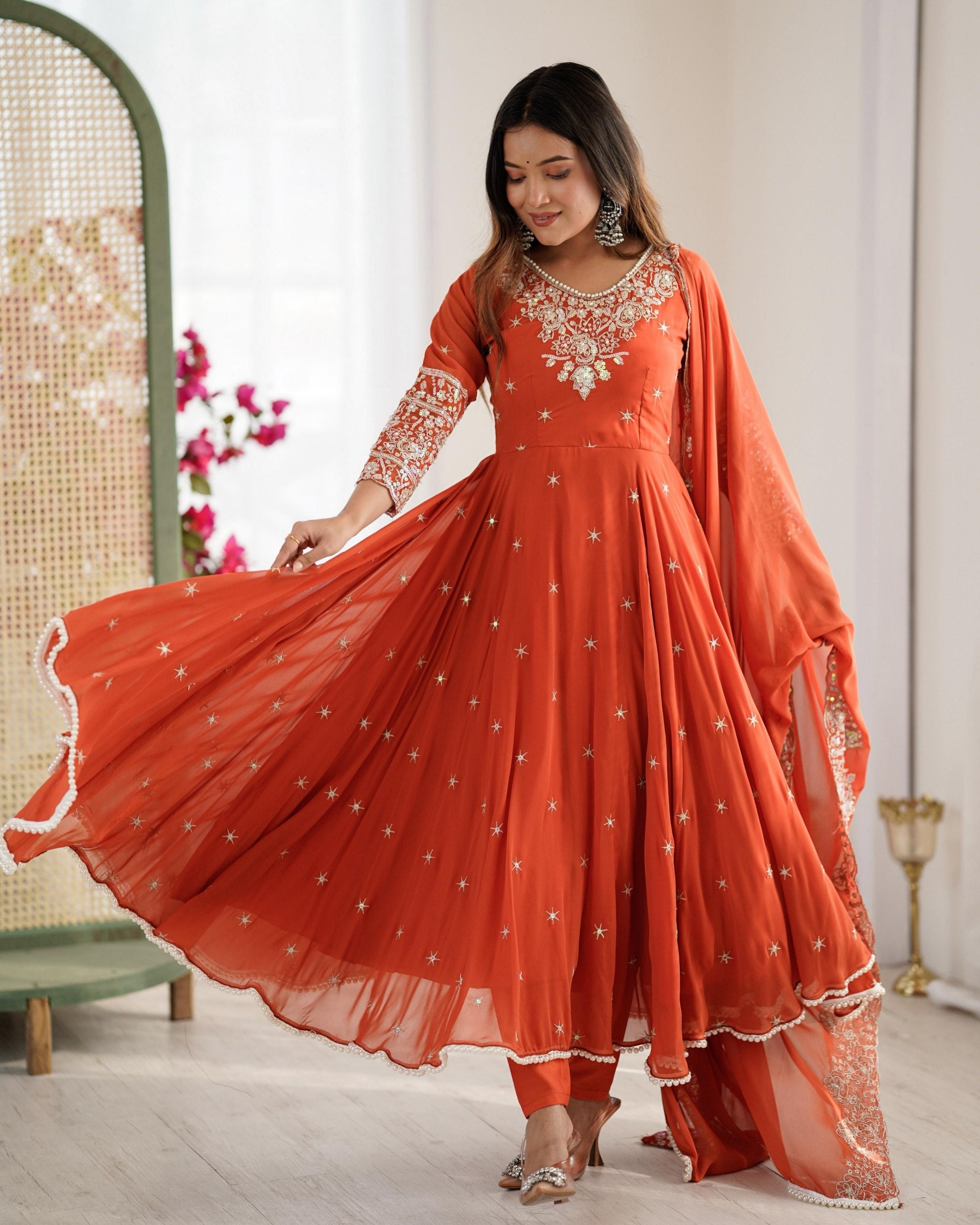Exclusive Orange Georgette Sequence Work Anarkali Suit With Dupatta