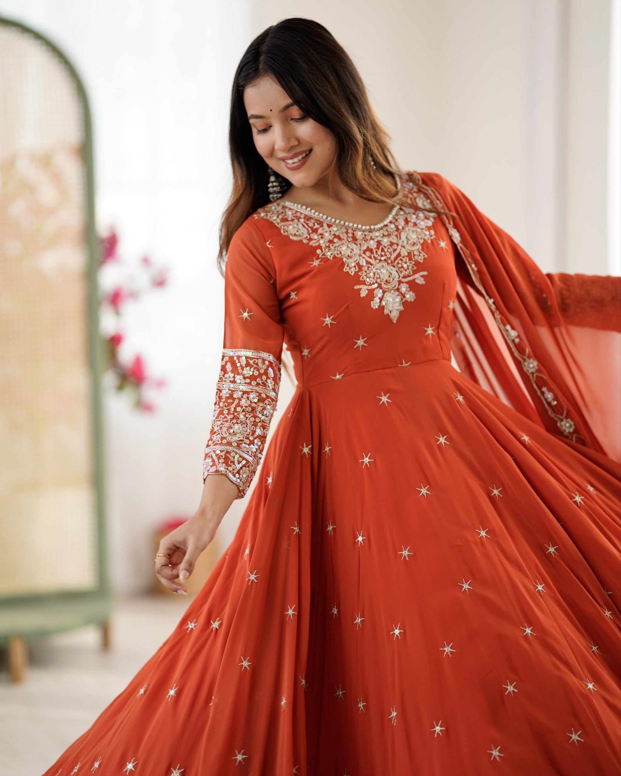 Exclusive Orange Georgette Sequence Work Anarkali Suit With Dupatta