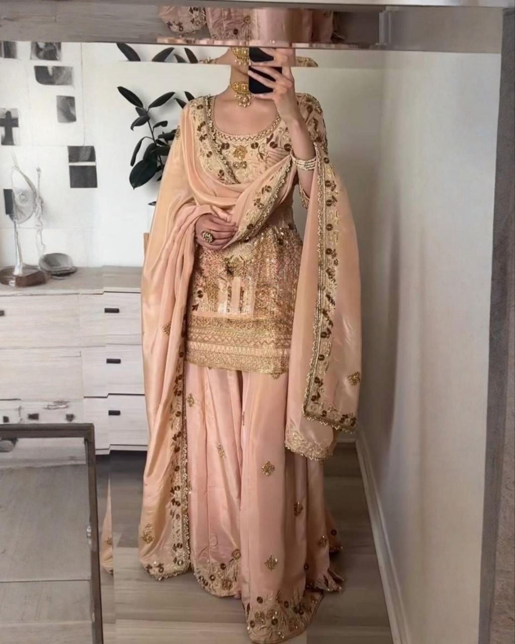 Peach Silk Embroidery Work Gharara Suit With Dupatta