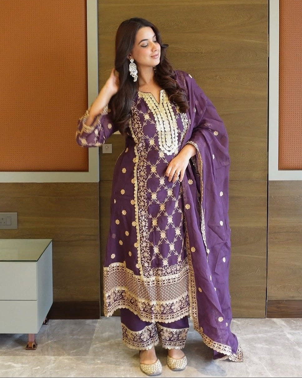 Exclusive Light Purple Chinon Silk Embroidery Work Pant Suit With Dupatta