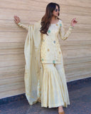 Exclusive Ivory Silk Embroidered Gharara Suit With Dupatta